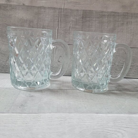 Sebastian Set Of 2 Diamond-Cut Glass Mugs With Handles Clear Vintage Style 4.5" - Picture 2 of 7